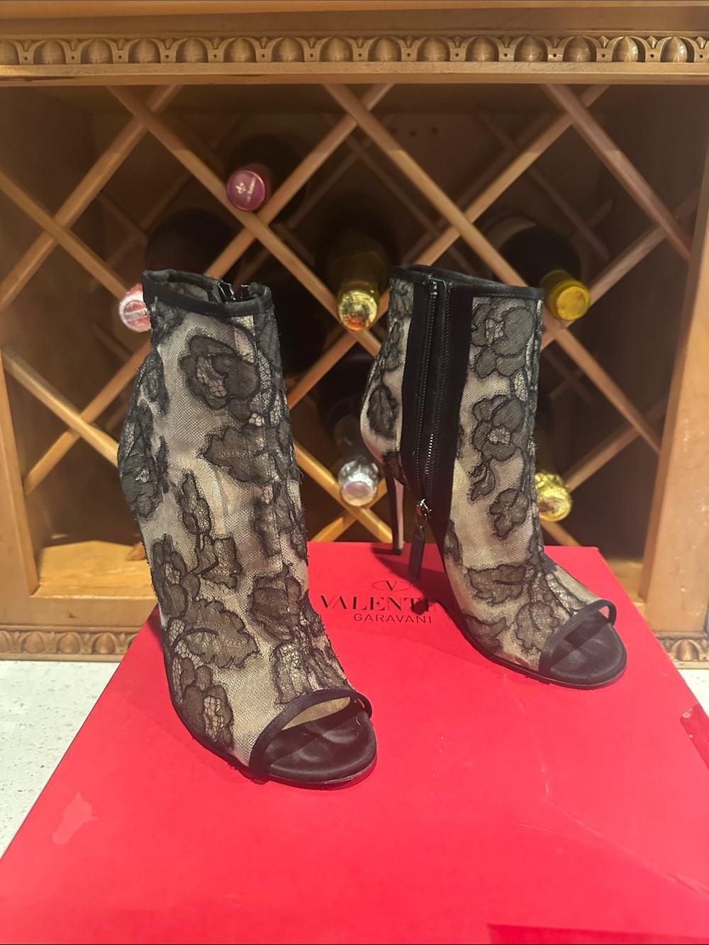 Valentino Garavani Black Floral Lace Peep-Toe Booties
